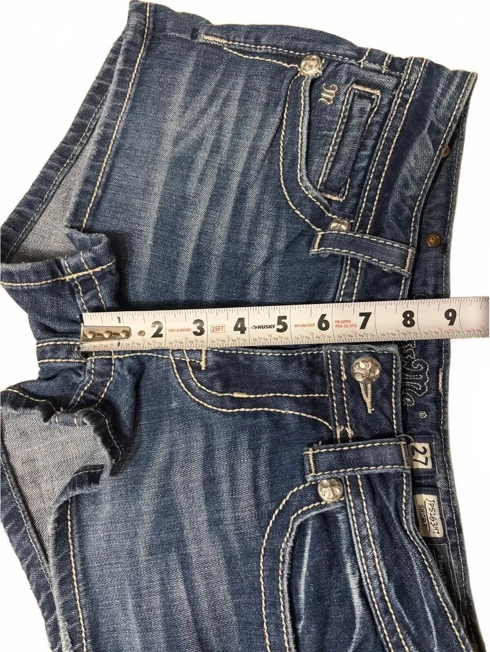 Miss Me Women's Low-Rise Denim Shorts Size 27 with Wing Embroidery & Rhinestones